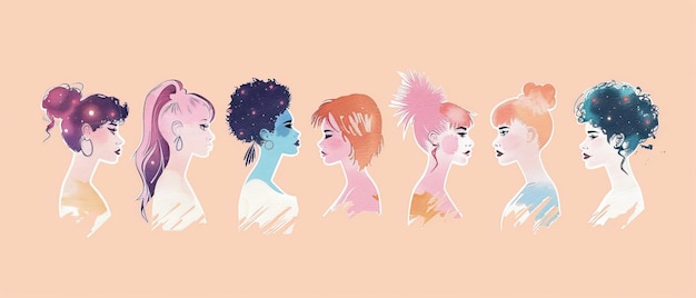 O modelo de cartão de saudação do Dia Internacional da Mulher39 mostra uma fila de mulheres de diferentes idades e raças Meninas bonitas com diferentes cortes de cabelo Ilustração moderna com fundo de arco-íris