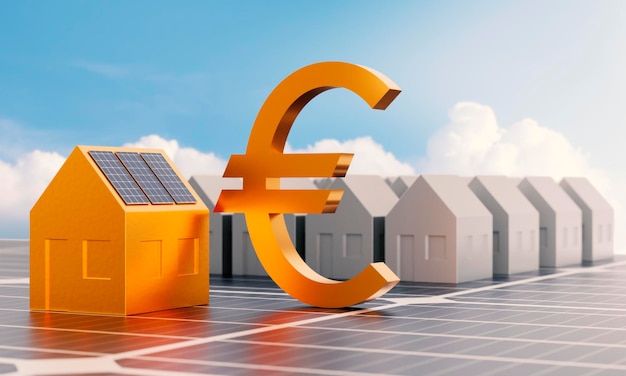 Foto o modelo de casa dourada com painéis solares no telhado e o símbolo da moeda do euro colocado no p solar