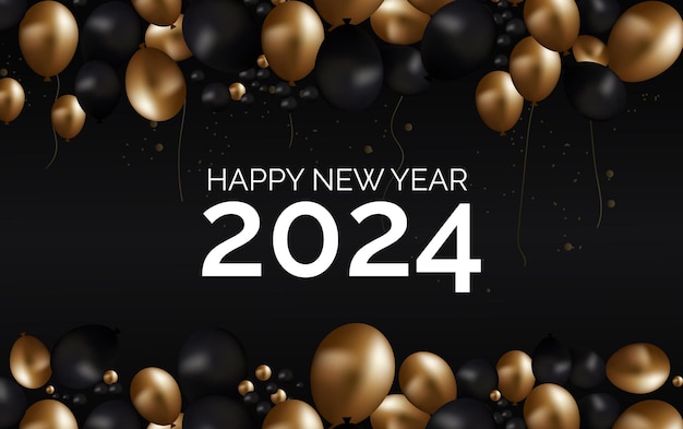 O modelo do novo ano de 2024 com balões e fitas