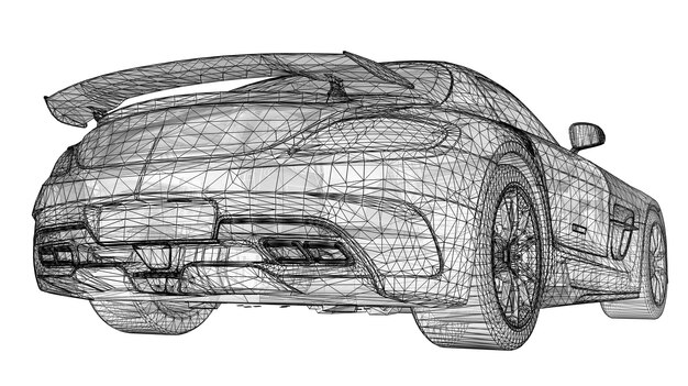 Foto o modelo ostenta um cupê premium. ilustração de varredura na forma de uma grade triangular poligonal preta sobre um fundo branco. renderização 3d.