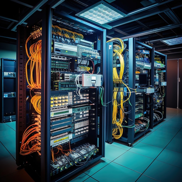 Foto o moderno servidor de ti do computador do data center suporta o conceito de infraestrutura de rede