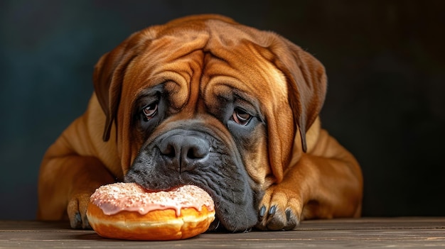 o momento alegre de um Bullmastiff Cão comer donut em fotografia de tiro especial
