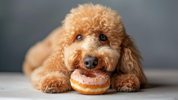 O momento alegre de um cão Poodle comer um donut em fotografia especial