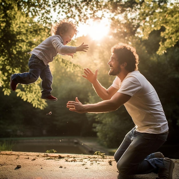 Foto o momento de jogar o filho para cima e pegá-lo pelo pai