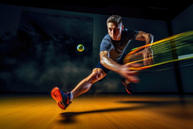 Foto o momento exato em que uma raquete de um jogador de raquete faz contato com a bola