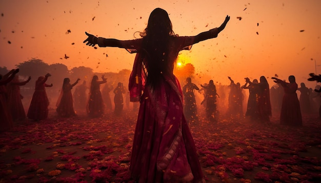 o momento sereno do nascer do sol durante Holi com as pessoas começando suas celebrações