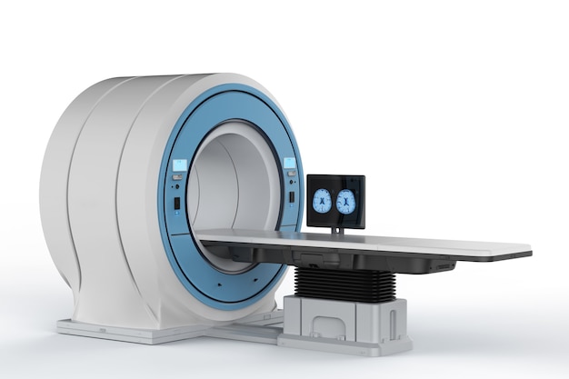 Foto o monitor de computador com renderização 3d exibe raio-x cerebral no laboratório de ressonância magnética