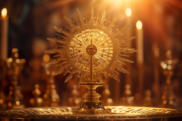 Foto o monstrance dourado com um pequeno centro de cristal transparente consagrada igreja anfitriã fundo desfocado ai generative