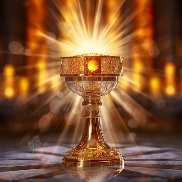 Foto o monstrance dourado com um pequeno centro de cristal transparente consagrada igreja anfitriã fundo desfocado ai generative