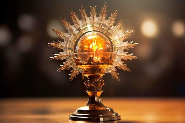 Foto o monstrance dourado com um pequeno centro de cristal transparente consagrada igreja anfitriã fundo desfocado ai generative