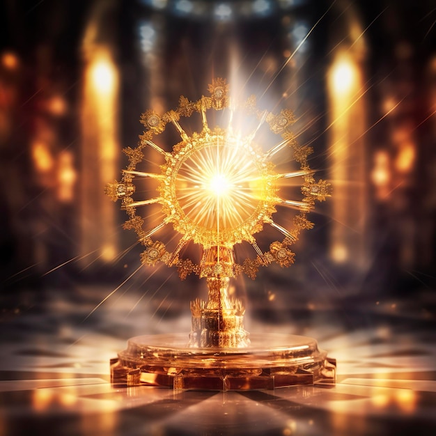 O monstrance dourado com um pequeno centro de cristal transparente consagrou a igreja anfitriã com fundo desfocado