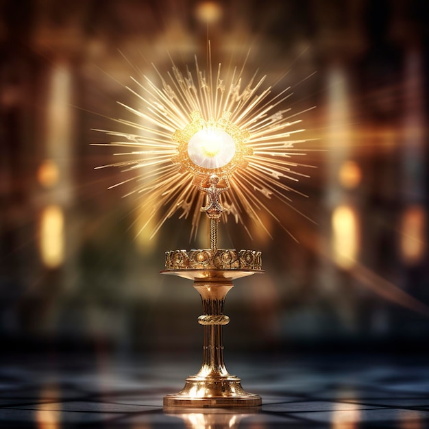 Foto o monstrance dourado com um pequeno centro de cristal transparente consagrou a igreja anfitriã com fundo desfocado