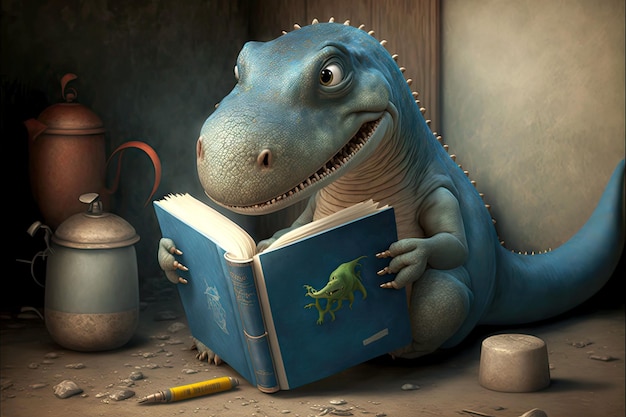 O monstro bonito do dinossauro leal lê livros no lugar estranho generative ai