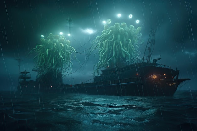 O monstro Cthulhu atacou a cidade e os barcos no cais do porto Monstro do apocalipse com tentáculos medo horror