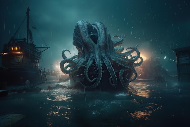 O monstro Cthulhu atacou a cidade e os barcos no cais do porto Monstro do apocalipse com tentáculos medo horror