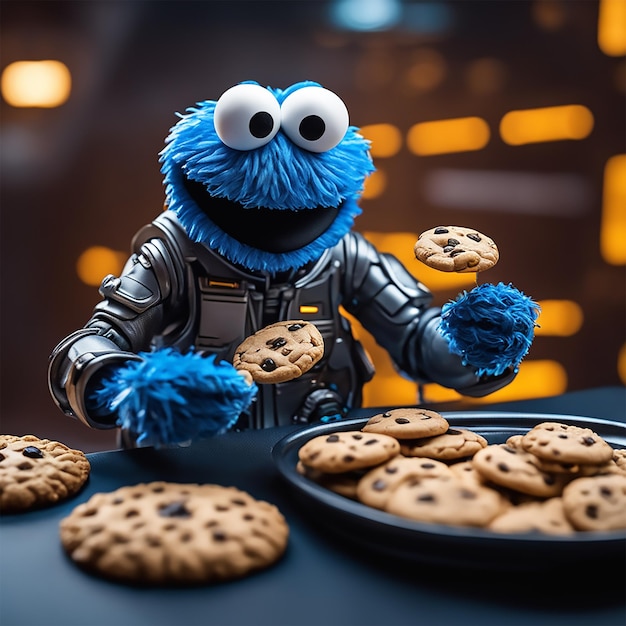 O monstro do biscoito de Sesame Street comendo biscoitos desordenados vestindo roupa alienígena de alta tecnologia cyberpunk
