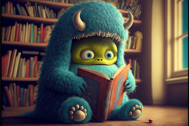 O monstro fofo da doce criança lê livros na biblioteca generativa ai