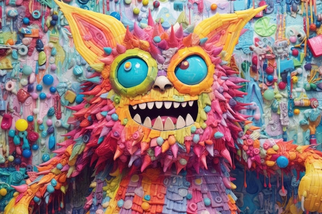 O monstro na parede está coberto de doces no estilo da cultura pop colagens esculturas orgânicas kombuchapunk verde e âmbar vibrante catcore caninecore Generative AI image weber