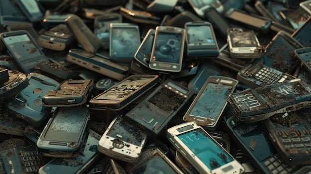 O monte de telefones celulares obsoletos destaca a rápida rotação em dispositivos tecnológicos