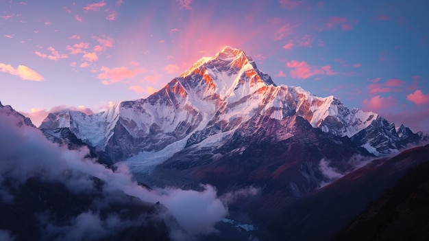 Foto o monte everest, a montanha mais alta do mundo ao pôr-do-sol
