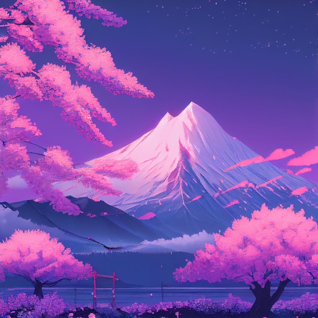 O monte fuji e as cerejeiras em flor ajardinam a ilustração japonesa do mangá