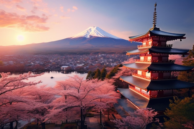 Foto o monte fuji e o pagoda chureito com flores de cerejeira no japão fujiyoshida japão belas vistas do monte fuji e do pagode chureito ao pôr do sol gerado pela ia