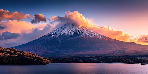 O Monte Fuji Fujisan, a montanha vulcânica mais alta de Tóquio, Japão, um pico cônico coberto de neve, símbolo sagrado