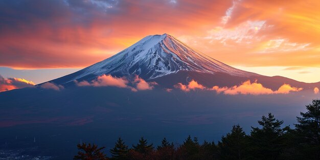 O Monte Fuji Fujisan, a montanha vulcânica mais alta de Tóquio, Japão, um pico cônico coberto de neve, símbolo sagrado