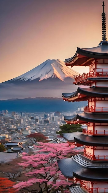 O Monte Fuji visto por trás do pagode chureito