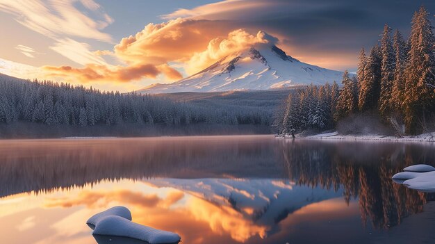 Foto o monte hood coberto de neve com trillium refletor