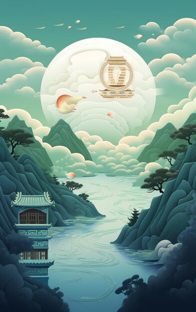 O mooncake chinês com ilustração vetorial de pássaros e nuvens