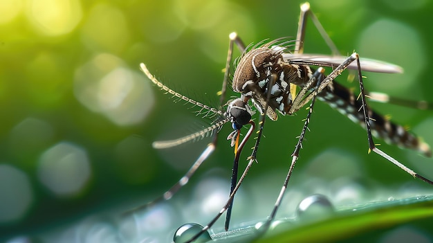 O mosquito Aedes aegypti chupa o sangue humano o vírus perigoso do mosquito na pele humana o vírus da febre hemorrágica de Maedes