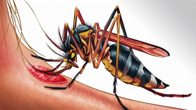 O mosquito Aedes está a chupar sangue na pele humana.