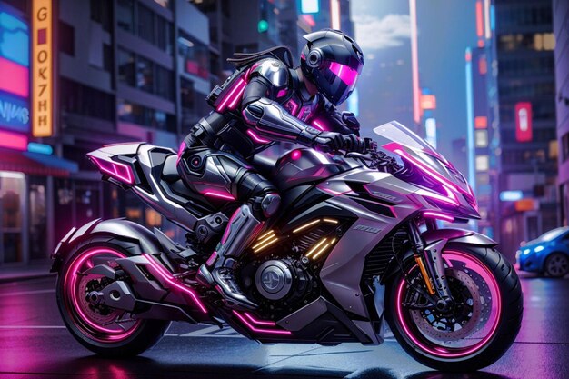 O motociclista cyberpunk viaja pela cidade noturna a toda velocidade com a sua moto futurista.
