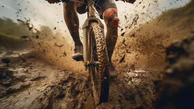 O motociclista de montanha conquista uma trilha lamacenta capturando a emoção do ciclismo off-road com um close-up do leme imerso na sujeira e na aventura