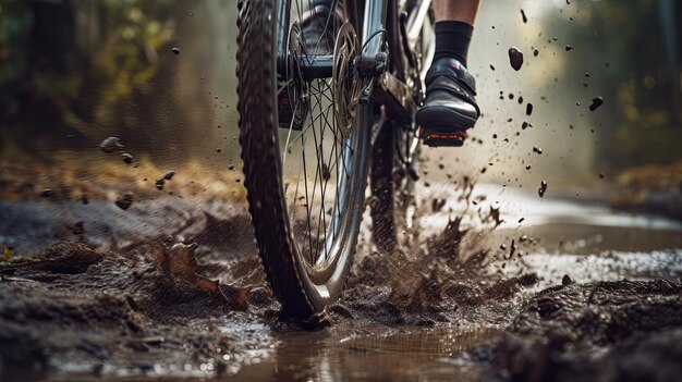 Foto o motociclista de montanha conquista uma trilha lamacenta capturando a emoção do ciclismo off-road com um close-up do leme imerso na sujeira e na aventura
