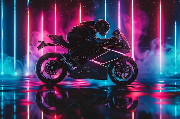 O motociclista em uma motocicleta está correndo pela rodovia a alta velocidade luz de néon arte digital