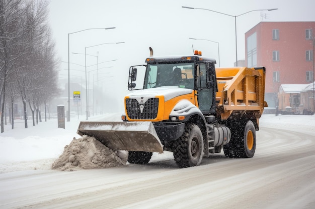 O motonivelador de soprador de neve limpa a estrada da estância de esqui coberta de neve nas montanhas ou na rua da cidade Clima de queda de neve de floco de neve de inverno Espaço de cópia horizontal