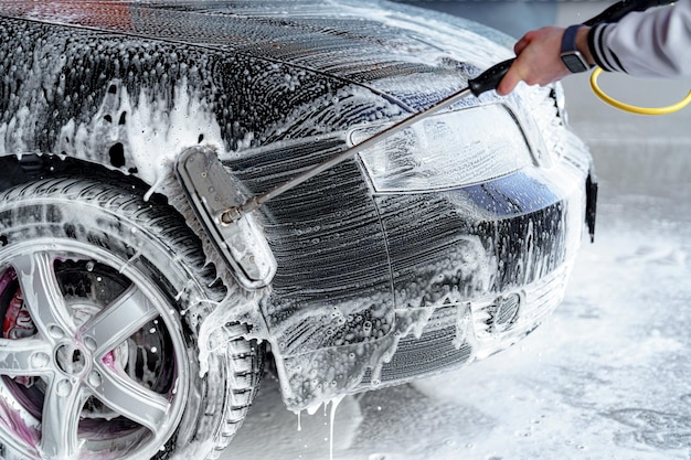 O motorista lava o carro com uma escova e shampoo na lavagem de carros