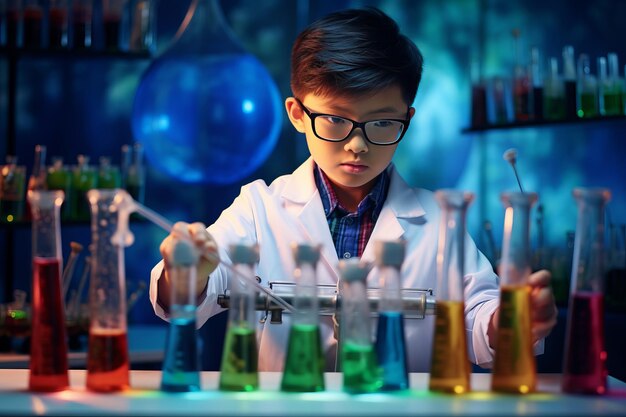 O mundo colorido de um cientista asiático determinado explorando maravilhas científicas numa escola moderna