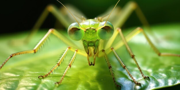 O mundo do louva-a-deus em uma folha revelado através de uma foto macro atraente