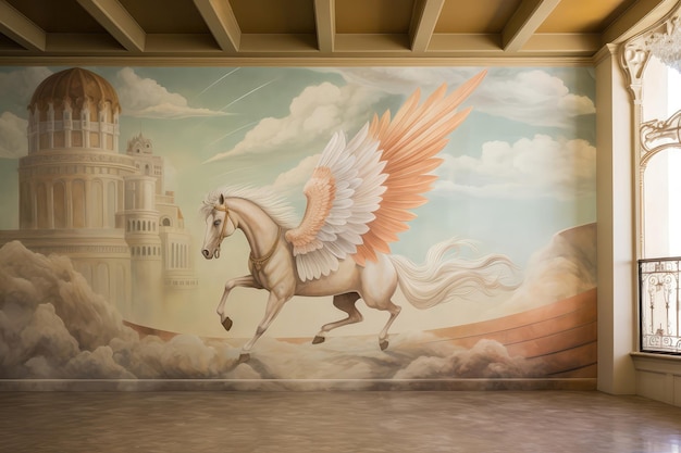 O mural de Pegasus, inspirado no Renascimento, adorna as muralhas do Grande Castelo