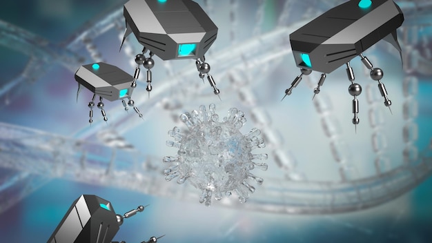 O nano bot e vírus para renderização 3d do conceito de ciência ou tecnologia
