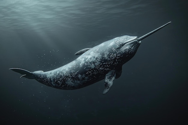 Foto o narval majestoso a nadar graciosamente nas profundezas do oceano, adequado para a vida marinha e os conceitos da vida selvagem.