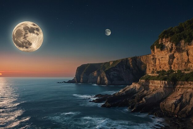 Foto o nascer da lua sobre um penhasco à beira-mar