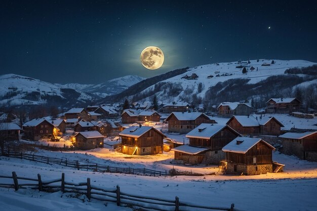 O nascer da lua sobre uma aldeia coberta de neve