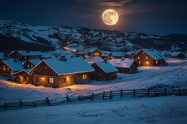 O nascer da lua sobre uma aldeia coberta de neve