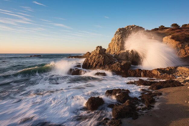 O nascer da lua sobre uma paisagem costeira com ondas batendo