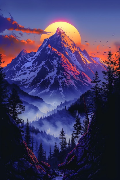 O nascer do sol coroa majestosamente o pico da montanha com pinheiros em silhueta contra o céu brilhante