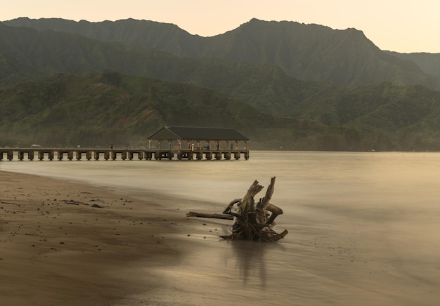 O nascer do sol ilumina a madeira flutuante na Baía de Hanalei com a costa de Na Pali ao fundo perto de Hanalei Kauai Hawaii